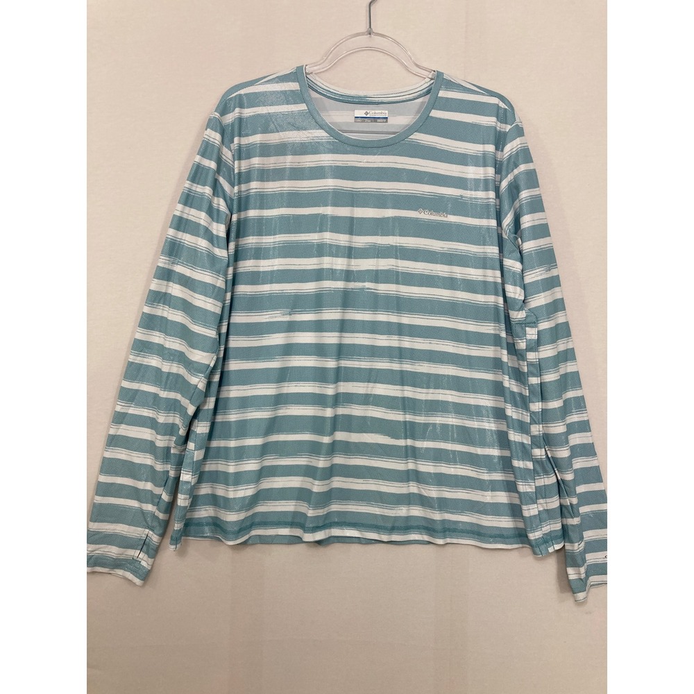 Columbia Long Sleeve Shirt 2X Blue White Striped Omni-Shade Sun‎ Protection